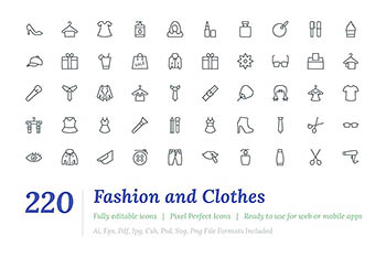 时尚时装与服装系列图标 220 Fashion and Clothes Line Icons