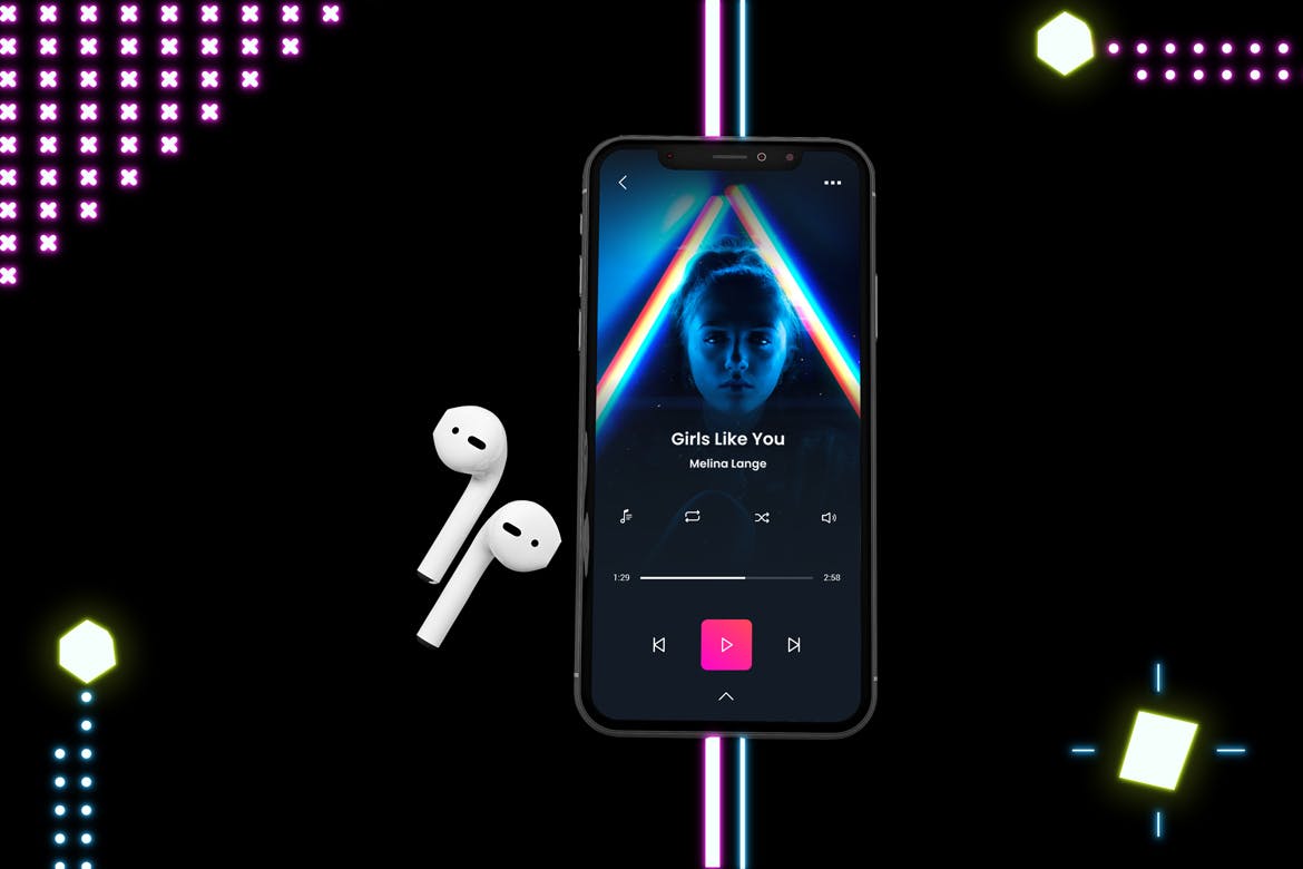 霓虹灯音乐场景效果的 iPhone XS 手机样机下载[PSD]设计素材模板