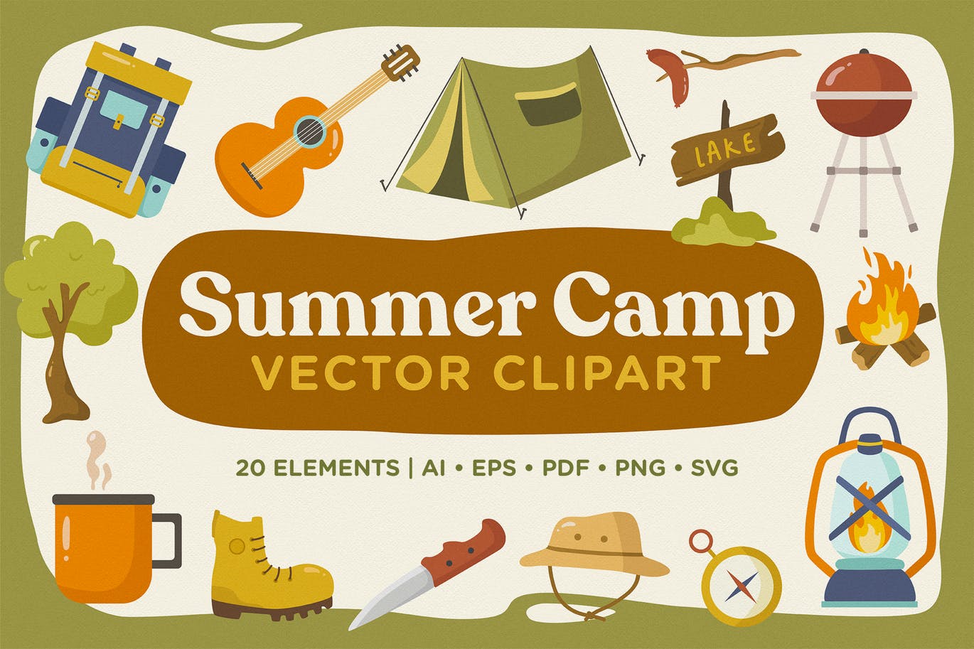 夏日营地主题矢量手绘剪贴画图案素材 Summer Camp Vector Clipart Pack设计素材模板