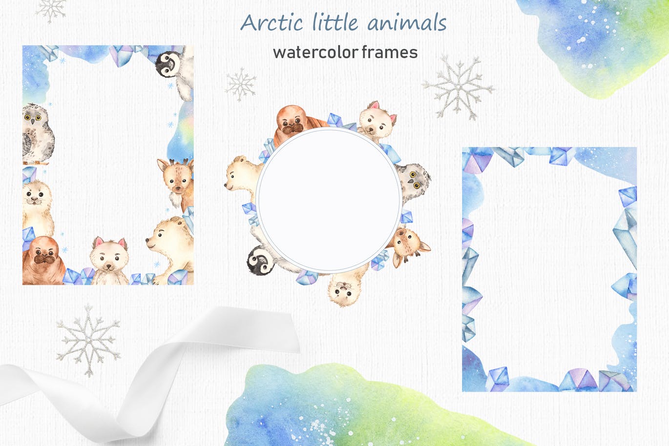 北极小动物水彩手绘剪贴画＆卡片素材 Watercolor Arctic little animals Clipart cards设计素材模板