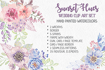 婚礼设计水彩花卉剪贴画素材包 “Sunset Hues”: Wedding Clip Art Set