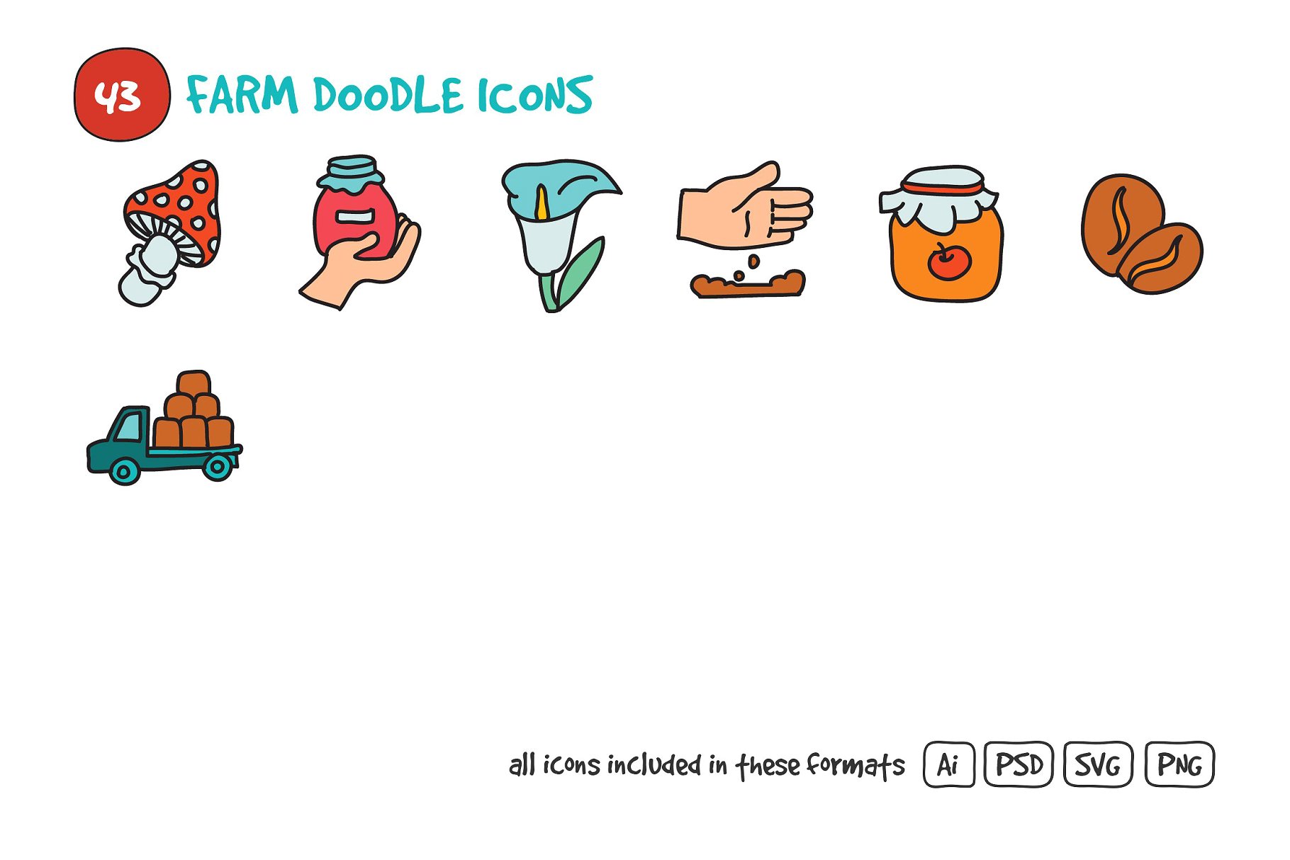 农场涂鸦图标素材集 Farm Doodle Icons Set设计素材模板