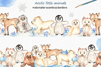 北极小动物水彩手绘剪贴画＆卡片素材 Watercolor Arctic little animals Clipart cards