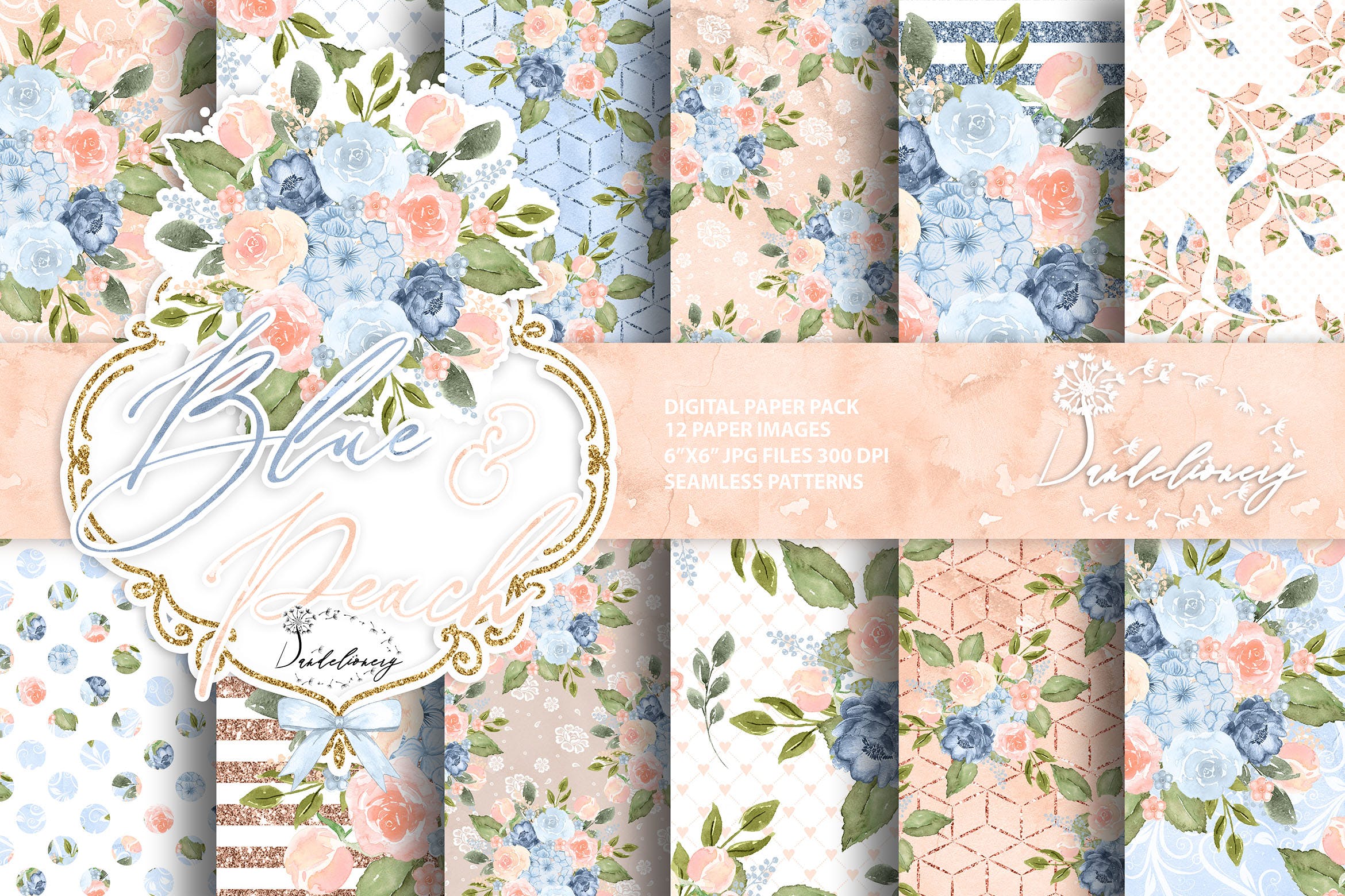 蓝色桃色水彩手绘图案数码纸张设计素材 Watercolor Blue Peach digital paper pack设计素材模板