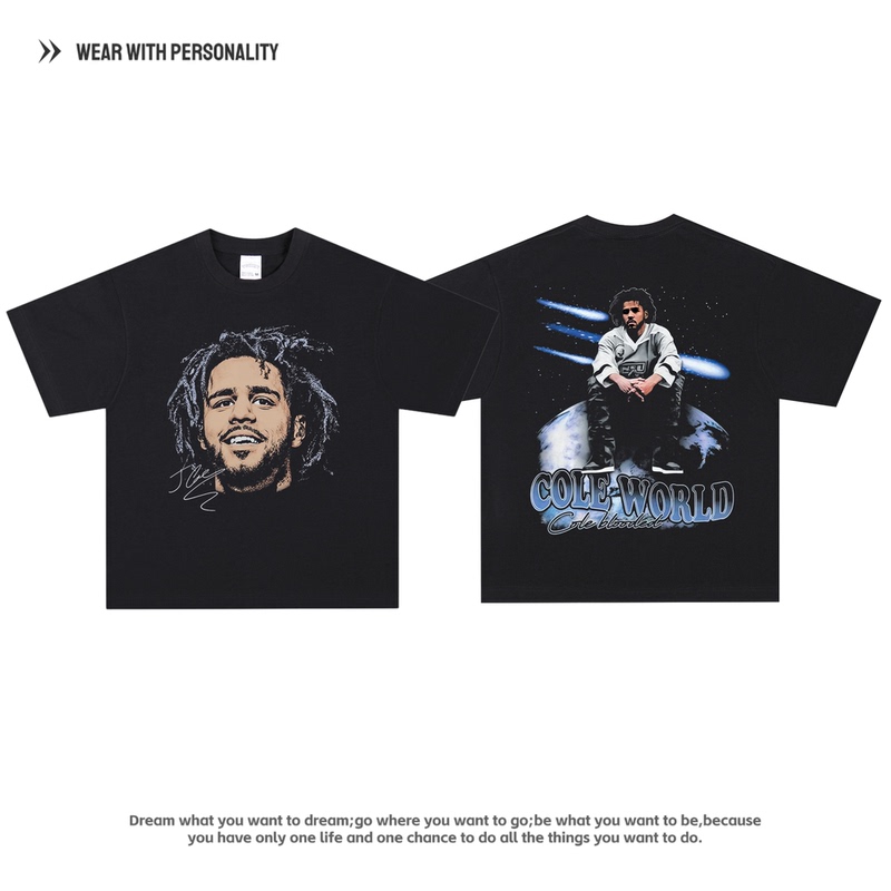 Hip-Hop Rap Jcole Short-Sleeved Vintage American Heavy Cotton Small Neckline Trendy Long-Sleeved T-Shirt