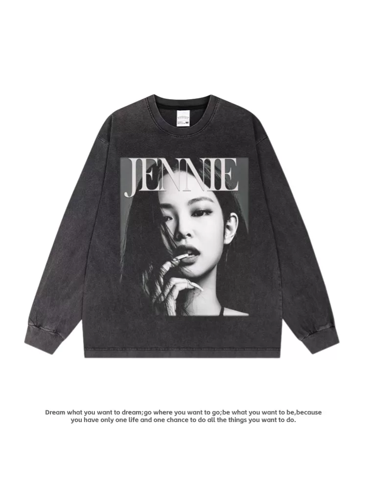 Футболка Jennie BLACKPINK, фанаты поддерживают чистый хлопок, уличный ретро американский стиль, с длинным и коротким рукавом, тренд