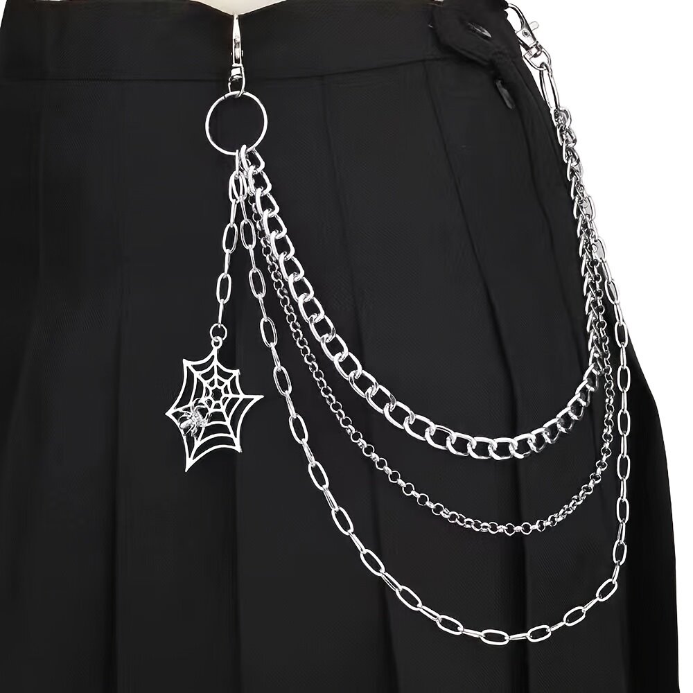 New hip-hop metal pants chain, Halloween creative spider web multi-layer waist chain, versatile high-street denim chain accessory.