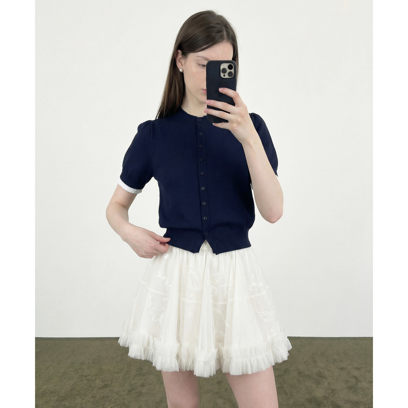 Gu Xiaonian's Contrasting Color Faux Two-Piece Navy Blue Round-Neck Knitted Short-Sleeve Cardigan Top Slim-Fit Short Jacket
