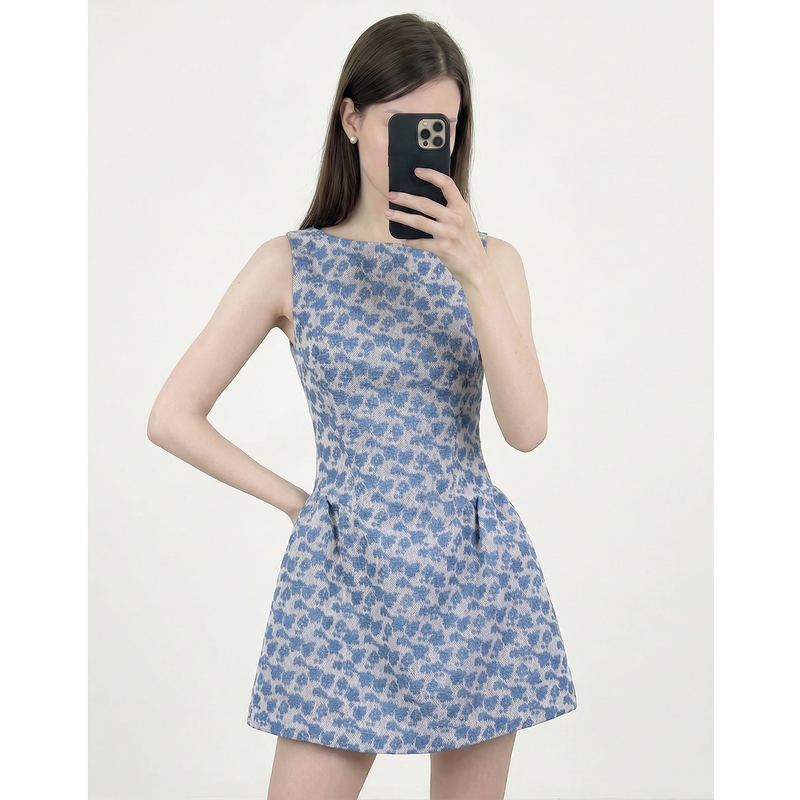 Gu Xiaonian Cotton-Linen Blend Miu Style Elegant Gray-Blue Floral Sleeveless Dress Women's A-Line Slim Short Dress