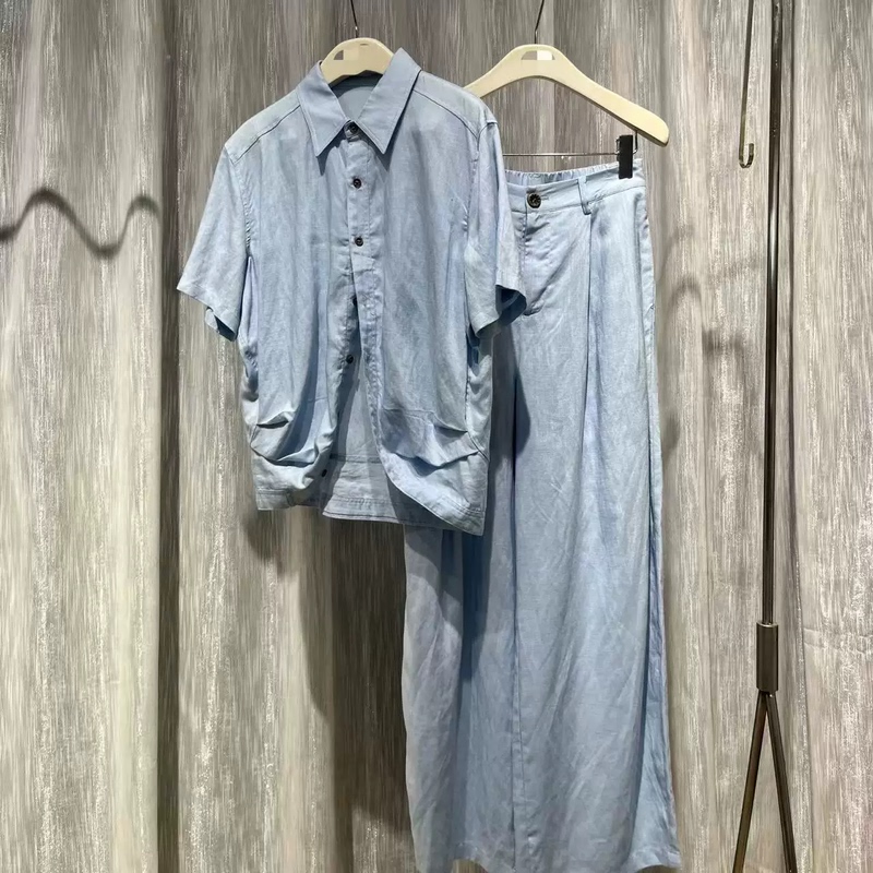 6.7 (No Returns, No Exchanges) 70% Lyocell 30% Linen Short-Sleeve Shirt Set, Denim Blue, the Material Is Cotton 6.7 (No Returns, No Exchanges) 70% Lyocell 30% Linen Short-Sleeve Shirt Set, Denim Blue, the Material Is Cotton