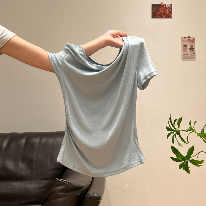 Gentle Style Light Blue Ruffled Collar Hot Girl Short-Sleeve T-Shirt for Women 2026 Summer Design with Pleated Waist Short Top