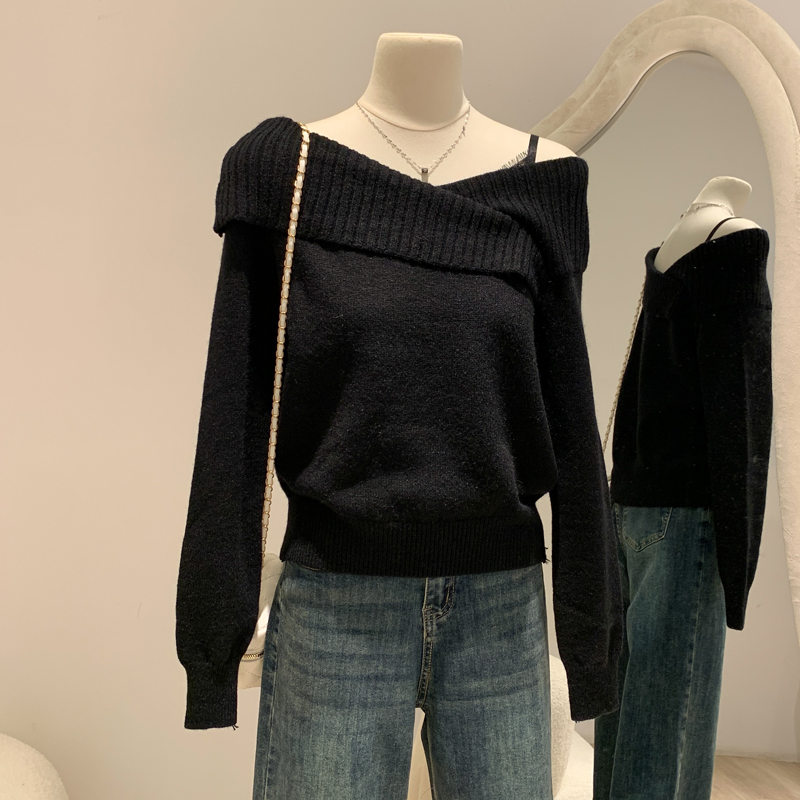 レースオフショルダーピュア斜めショルダー長袖ニットセーターレディースセーター春新作ハイエンドフェイクツーピースインナートップ