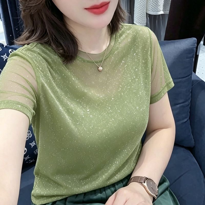 Bright Silk Stretch Mesh Short-Sleeved Shirt, Round Neck T-Shirt for Women, New Summer Style, Korean Style, Fashionable Slim Fit Lace Top for Women