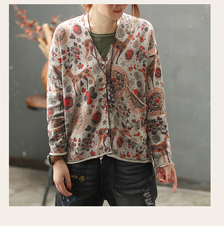 Cami mưa mới retro dệt kim cotton áo sơ mi nữ ngã vai dài tay trước ngắn dài dài áo len cardigan in lỏng mẫu áo len đẹp