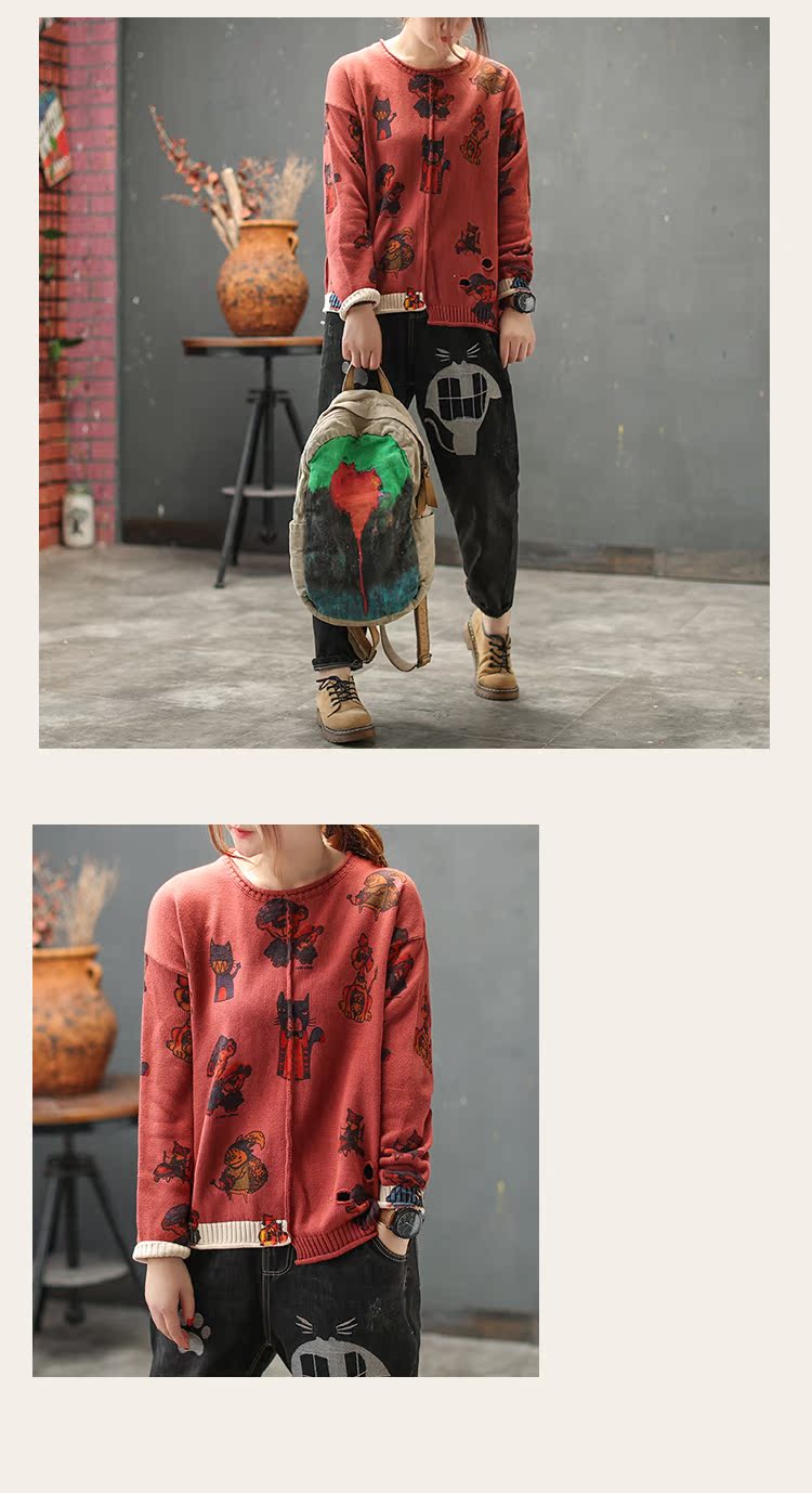 Cami mưa mới retro dệt kim cotton áo sơ mi nữ thả vai dài tay bất thường khâu lỏng áo thun in áo thun áo thun