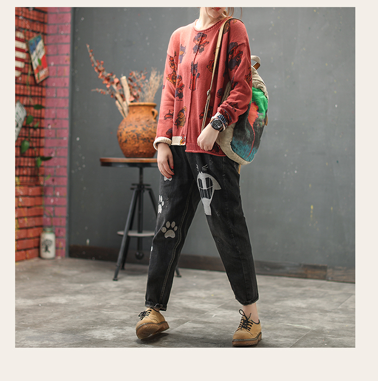 Cami mưa mới retro dệt kim cotton áo sơ mi nữ thả vai dài tay bất thường khâu lỏng áo thun in áo thun áo thun