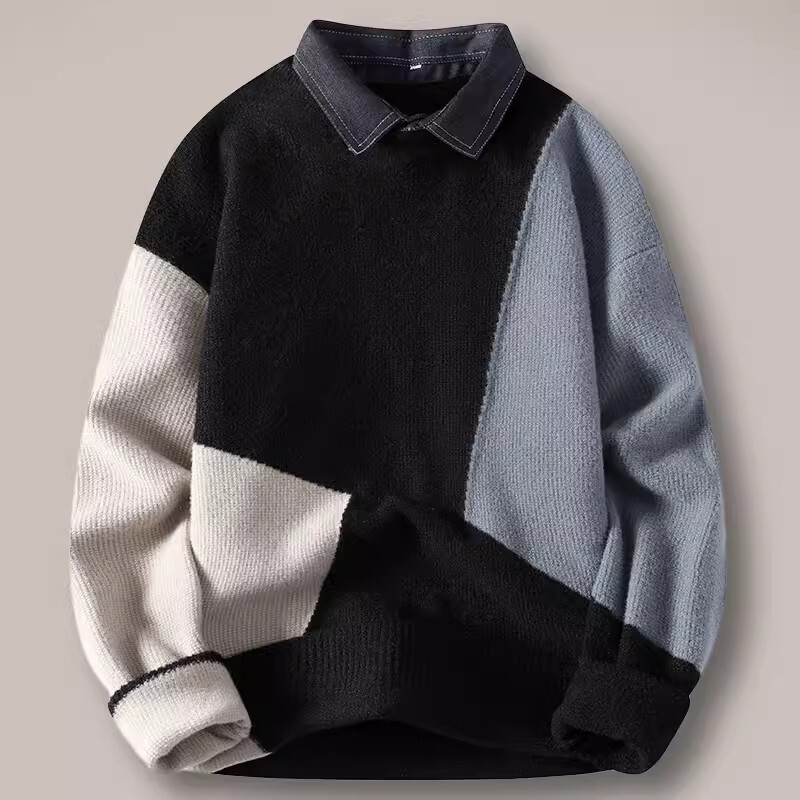 Men's Fake Two-Piece Sweater, Autumn and Winter Shirt Collar Base Layer Knitwear, Fleece-Lined and Thickened Shirt Fake Collar Wool Sweater Men's Fake Two-Piece Sweater, Autumn and Winter Shirt Collar Base Layer Knitwear, Fleece-Lined and Thickened Shirt Fake Collar Wool Sweater