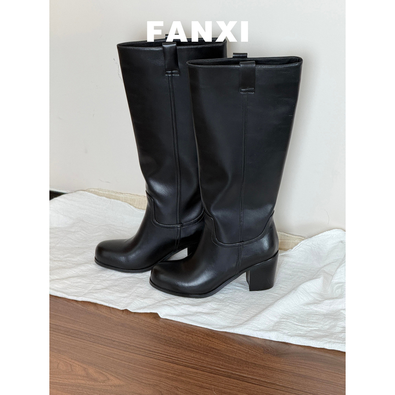 Cowhide Version~ Korean Style Retro Round-Toe Chunky Heel Long Knight Boots for Women, Large Calf Circumference, Slimming High-Heeled Long Boots, High Boots Cowhide Version~ Korean Style Retro Round-Toe Chunky Heel Long Knight Boots for Women, Large Calf Circumference, Slimming High-Heeled Long Boots, High Boots