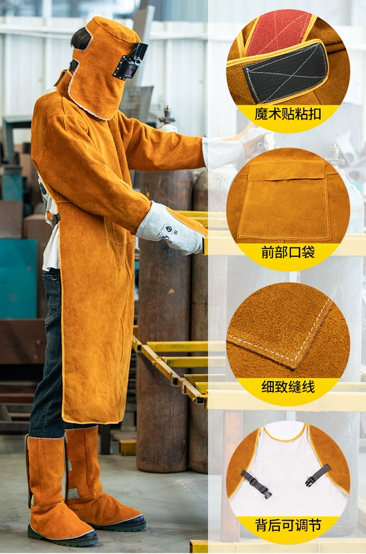 Quần áo bảo hộ lao động da bò thợ hàn chống mài mòn, cách nhiệt, chống bỏng, chịu nhiệt độ cao, tạp dề mặc ngược, hàn hồ quang argon dày áo lao động có quạt