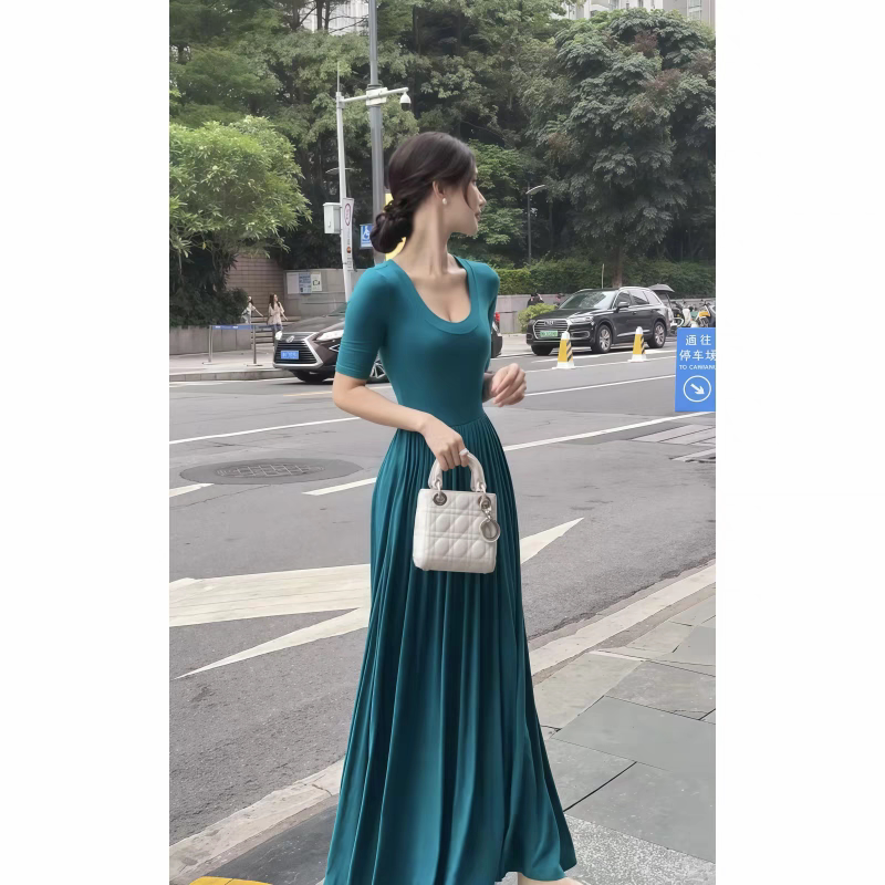 Peacock Blue Large U-Neck 2025 Summer Elegant Socialite Style Versatile Design Short-Sleeve T-Shirt Dress Long Skirt Summer