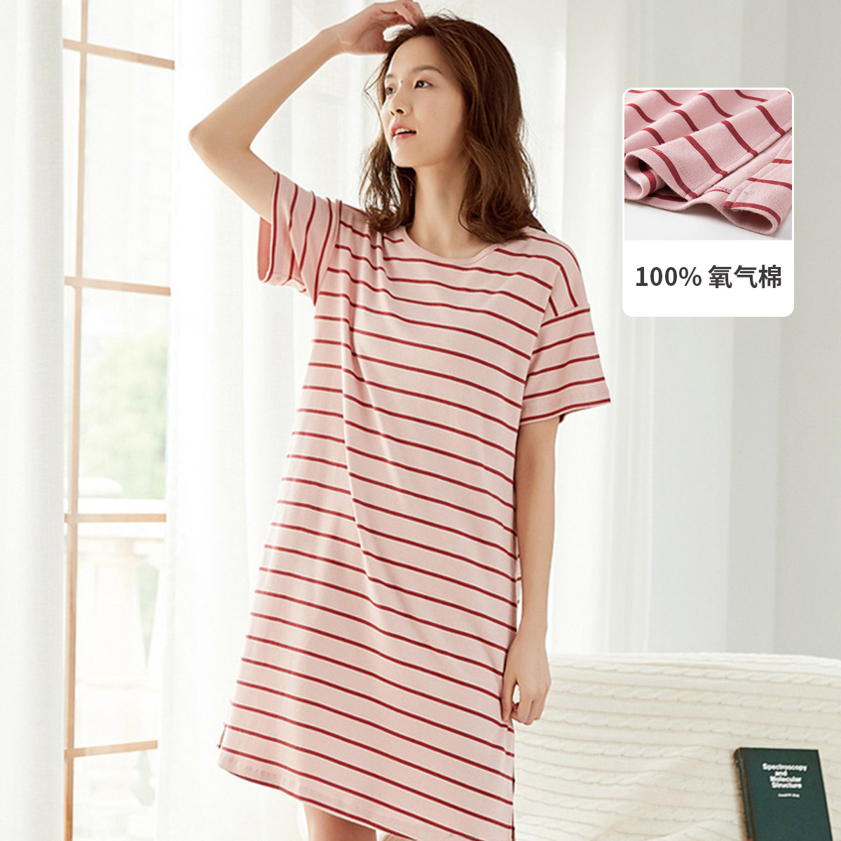 Top melon melon summer ladies round neck striped cotton nightdress top piper oxygen cotton short-sleeved comfortable home service pajamas