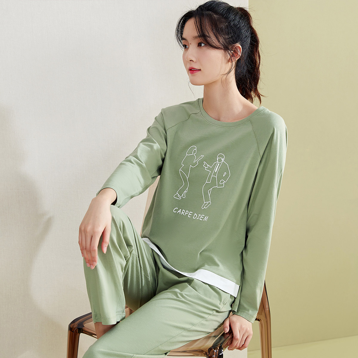 Dingguagua pajamas women's spring and summer thin cotton long-sleeved large size loose home service suit cotton casual cute