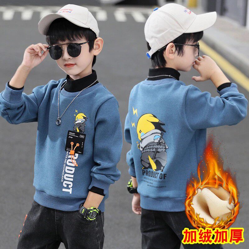 Boys autumn and winter sweater plus velvet 2022 new trend in big children's half turtleneck one-piece fleece top thickened bottoming shirt