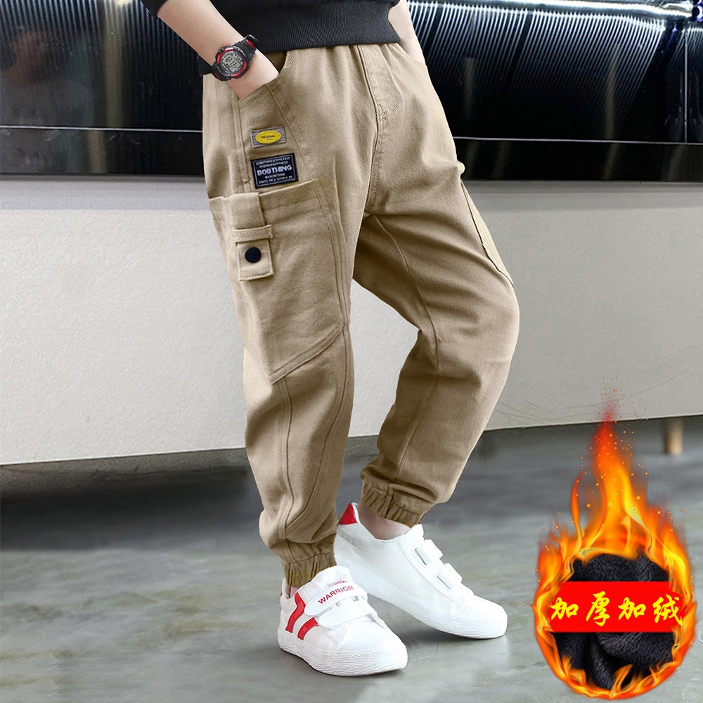 Boys' 2022 autumn and winter models plus velvet overalls, children's western style trousers, big boys' handsome leggings casual pants trend