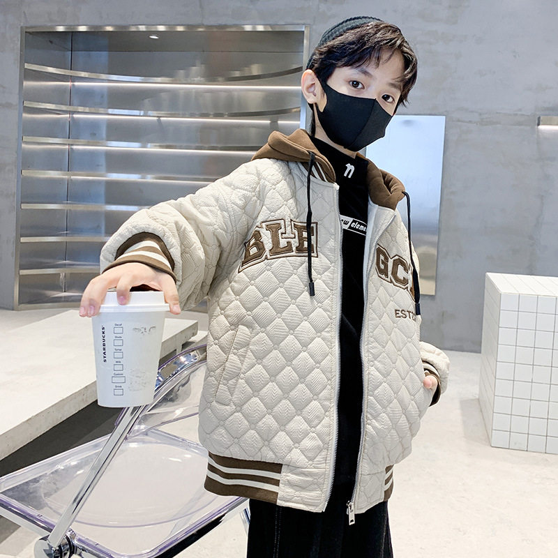 Hong Kong style boy's autumn and winter clothes hooded jacket trendy cotton clothes 2022 new middle and big boys winter cotton clothes fried street