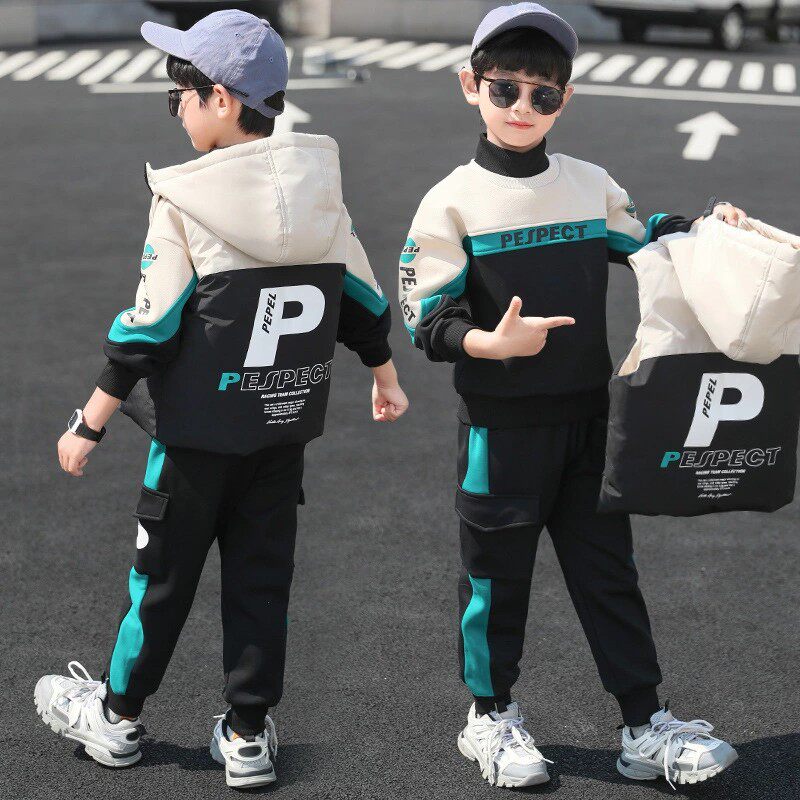 Boys' three-piece hooded cotton vest 2021 winter new medium and large children's clothing plus velvet thick cotton T suit trend