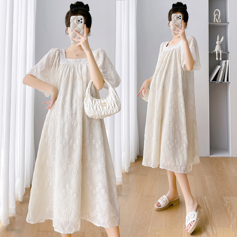 French G·T2026 Maternity Summer Dress, Fashionable Over-The-Knee Puff Sleeves, Linen Yarn Crochet Embroidery French G·T2026 Maternity Summer Dress, Fashionable Over-The-Knee Puff Sleeves, Linen Yarn Crochet Embroidery