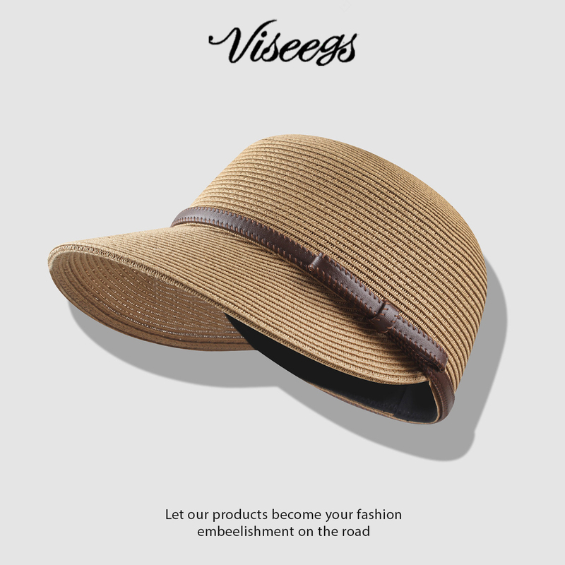 Viseegs Straw Equestrian Hat for Women, Summer Wide-Brim Sunshade Cap, Fashionable Flat-Top Sun Protection Hat That Makes the Face Look Smaller