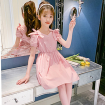 Girls dress for dress Summer 2022 new Korean version Girls pure color a dress Children foreign air butterfly knot princess dress