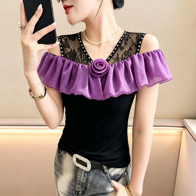 2026 Summer New Sexy Off-Shoulder V Neck T-Shirt Women's Short-Sleeved High-End Ruffled Top Lace Splicing Shirt