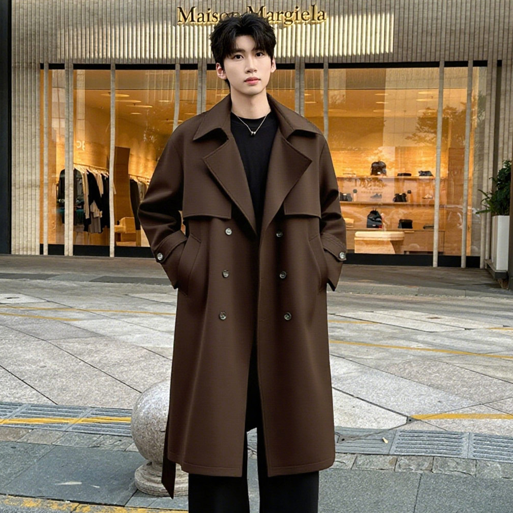 Новинка 2025 года, мужская ветровка средней длины, свободный костюм большого размера, пальто с воротником-стойкой, двубортное высококачественное пальто выше колена