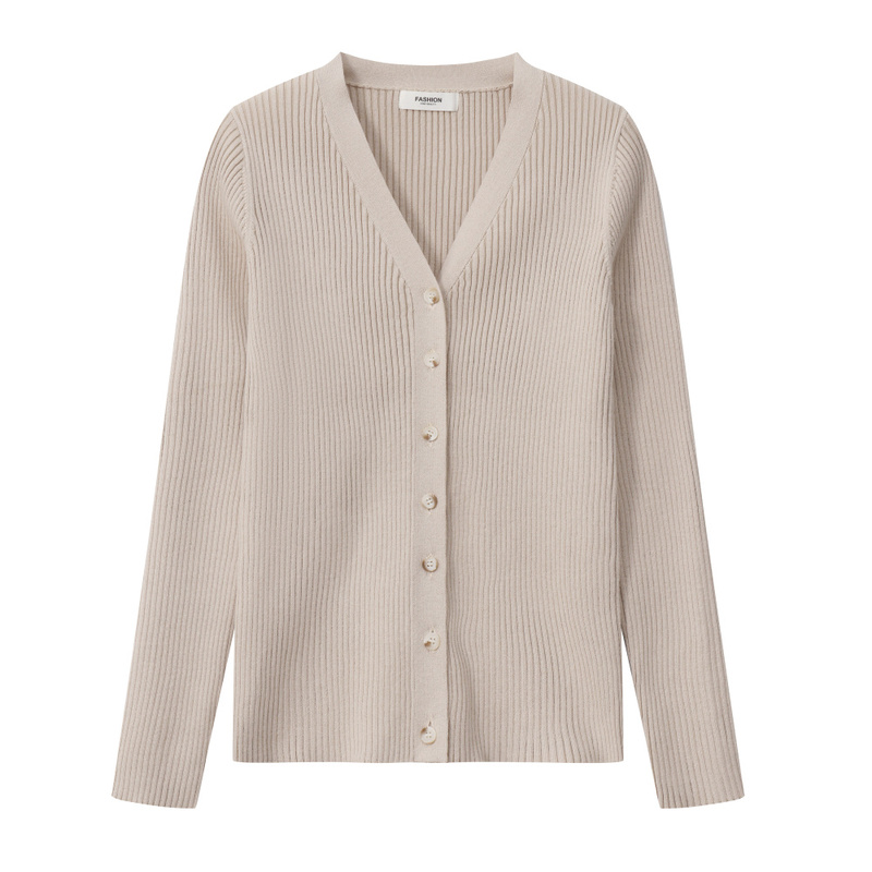 Pure Cotton Knit Cardigan for Women, V-Neck Ribbed Stretchy Slim-Fit Jacket, Thin Autumn Sweater