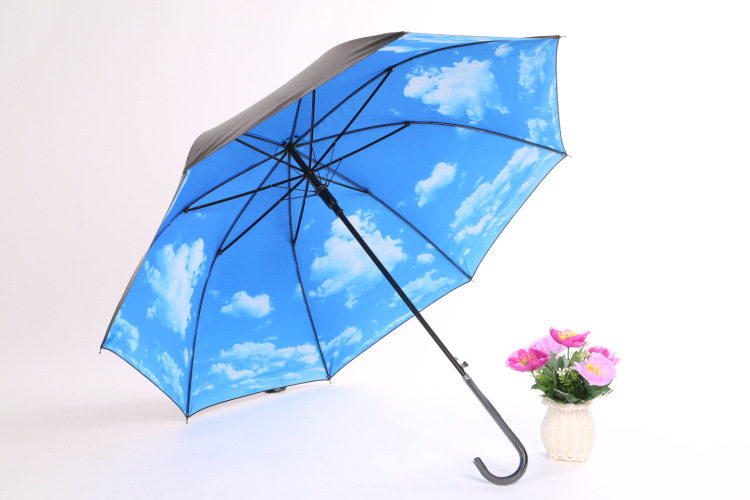 Blue - rubber long - handle super - strong UV parasol parasol creative three folded blue sky and white umbrella UPF 50