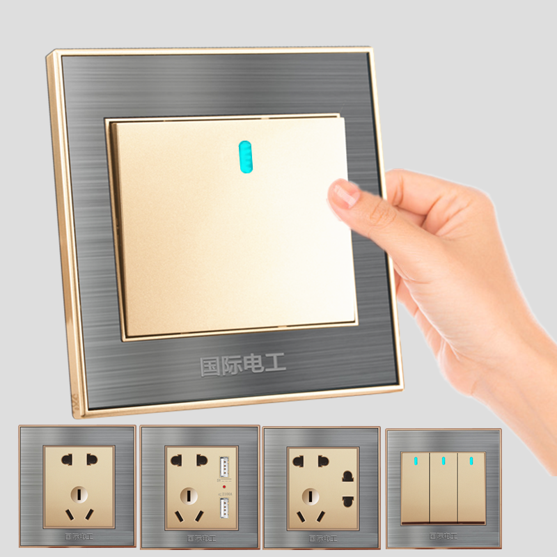 International Electrics Stainless Steel Wire Drawing Champagne Gold Open Five Holes Socket Five Holes With Switch Switch Socket Suit