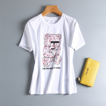 Sunny Zero pure cotton blouse 2021 summer new small bear printed round collar loose silk light cotton short sleeve T-shirt woman