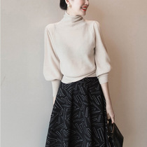 Leg-style Elegant Lantern Sleeves High Collar Wool Knit Cardiovert 2021 Autumn Winter New Set Head Slapped Undershirt Loose Sweater