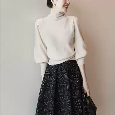 French elegant lantern sleeve turtleneck wool sweater women 2021 Autumn Winter new pullover base shirt loose sweater