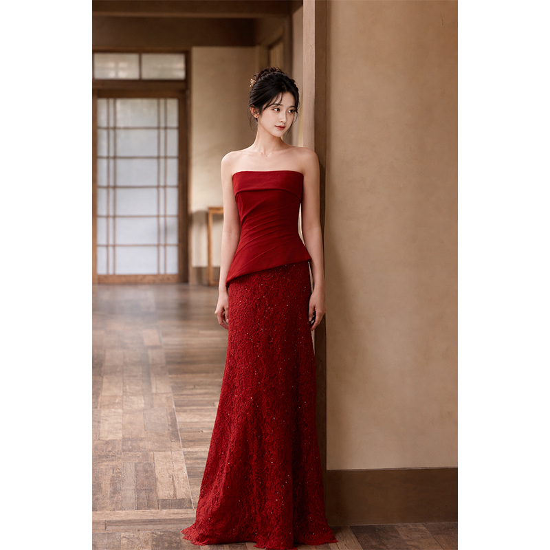 Wedding Dress, Engagement Dress, High-End Light Luxury Strapless Red Dress, Host Banquet Slim Fit Dress Wedding Dress, Engagement Dress, High-End Light Luxury Strapless Red Dress, Host Banquet Slim Fit Dress