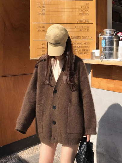 日系复古慵懒风加厚针织开衫女秋冬高级感灰色水貂绒软糯毛衣外套