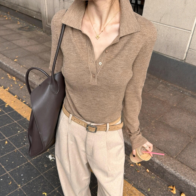 Old Money Style High-End Polo Collar Knit Sweater for Women, Autumn and Winter, Melange Coffee Color, Collared Sweater, Inner Layer for Commuting