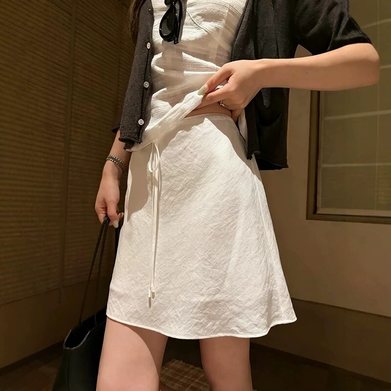 Very Pretty White Ramie Casual Drawstring Skirt for Women, Summer Old Money Style Low-Waist A-Line Short Skirt Straight Skirt Pants Very Pretty White Ramie Casual Drawstring Skirt for Women, Summer Old Money Style Low-Waist A-Line Short Skirt Straight Skirt Pants