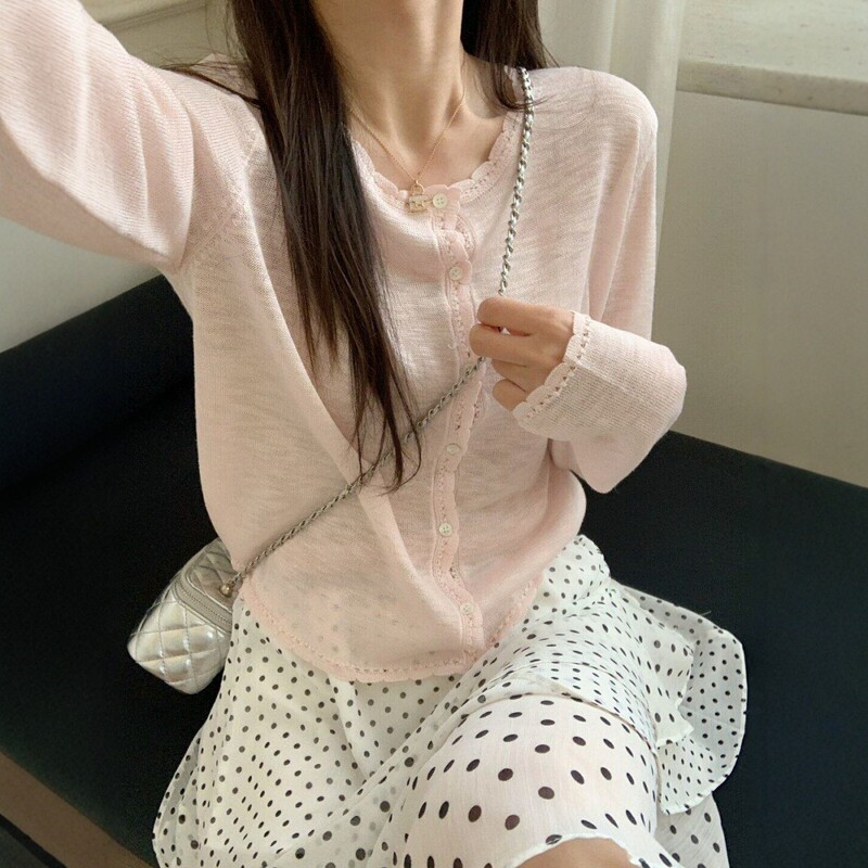 Dopamine Pink Ice Silk Knitted Lace Cardigan Jacket for Women, Summer Thin Sun Protection Camisole Outerwear Top