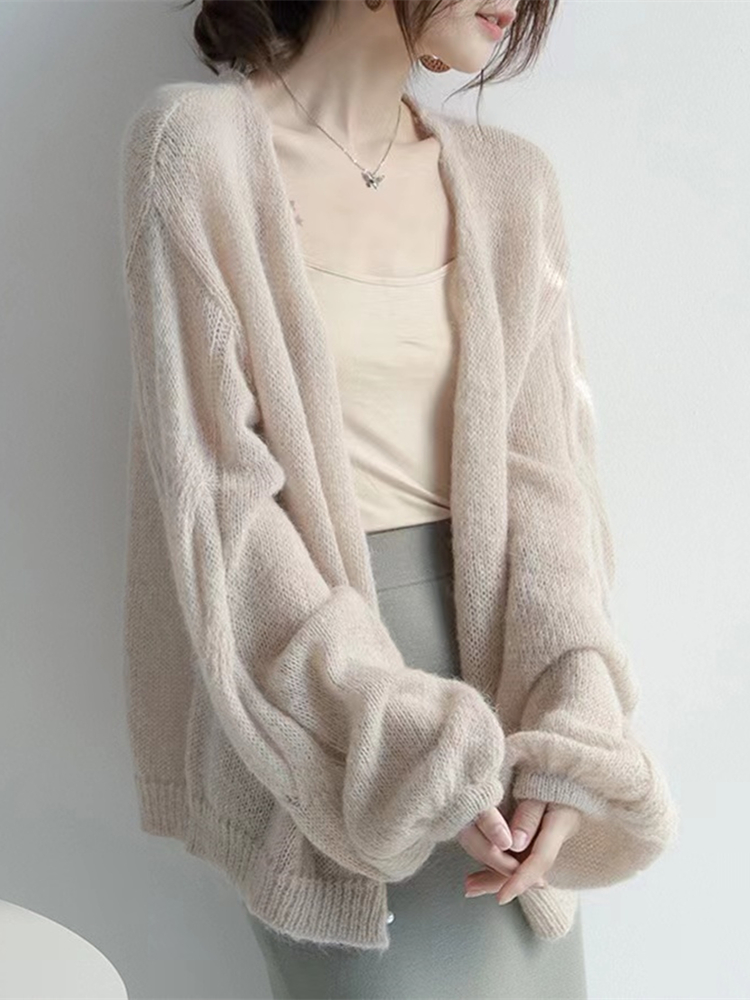 フランスの高級な怠惰なスタイルのモヘアニットカーディガンレディース春薄手優しい気質ソフトワックスセータージャケット