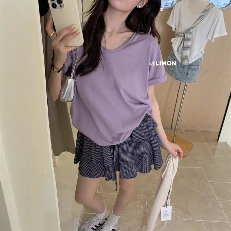 Dopamine Purple Relaxed Fit U-Neck Short-Sleeve T-Shirt for Women, Summer Thin Style, Lazy Style, Large Neckline Half-Sleeve Top Dopamine Purple Relaxed Fit U-Neck Short-Sleeve T-Shirt for Women, Summer Thin Style, Lazy Style, Large Neckline Half-Sleeve Top