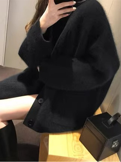 日系复古慵懒风加厚针织开衫女秋冬高级感灰色水貂绒软糯毛衣外套