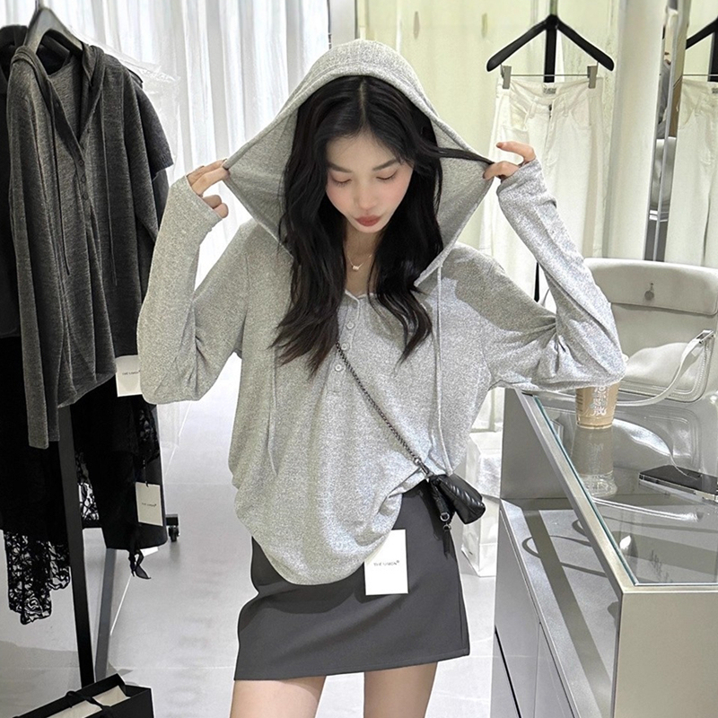 Paper-Thin Gray Casual Hooded Knit Sweater for Women, Spring Thin Soft Drapey T-Shirt Sweatshirt, Lazy Style Top